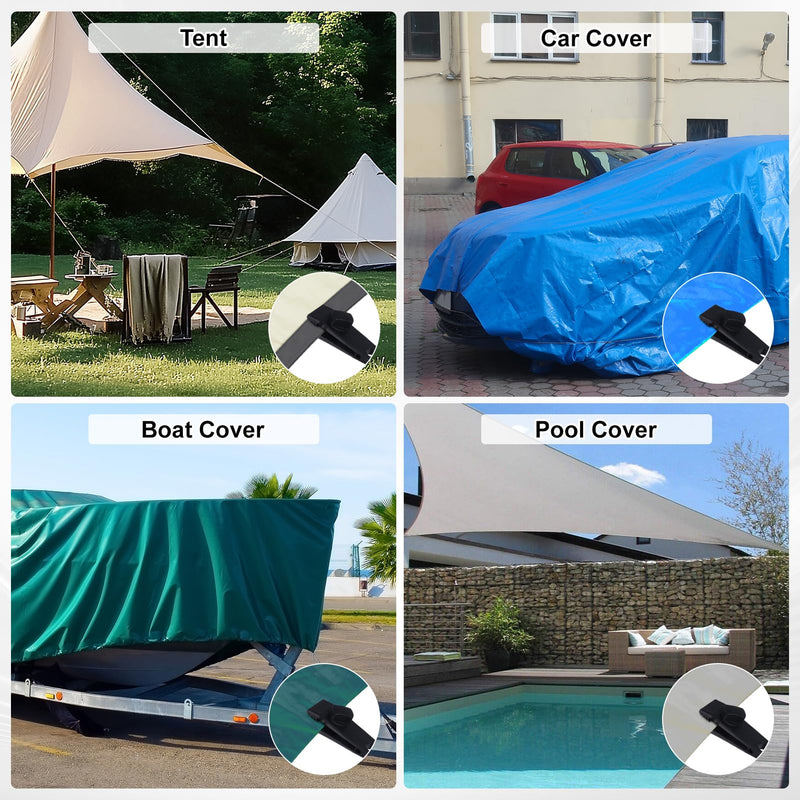 8 Reinforced Nylon Tarp Clips with 8 Bungee Cords (10" & 18"). Heavy Duty Lock Grip for Tent, Car & Pool Awning Cover. Canopy Clamps.