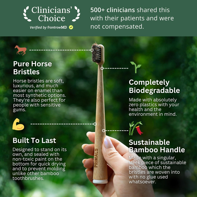 PRIMALS Horse Bristle & Bamboo Toothbrush (4-Pack) - Luxurious & Soft Horse Bristles - Fully Biodegradable - Plastic & Nylon Free - Quick Dry Design