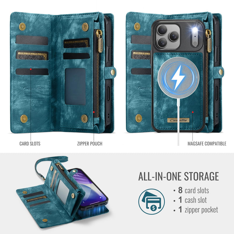 Compatible with iPhone 17 Pro Max Wallet Case with Magsafe with Zipper & Card Holder Strap Wristlet Detachable Magnetic Protective Back Case for iPhone 17 Pro Max 5G 6.9 Inch (Blue) iPhone 17 Pro Max 6.9 Inch (Detachable and Magsafe)-Blue