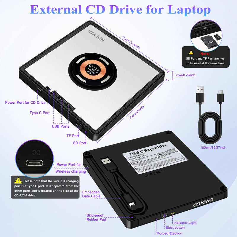 External CD Drive for Laptop: with 15W Wireless Charger Plug & Play | Optical DVD Burner for Apple Mac Linux Windows PC, Portable DVD Player Disc Reader with 3 USB3.0 Ports 1 USB C, 1 TF&SD Port