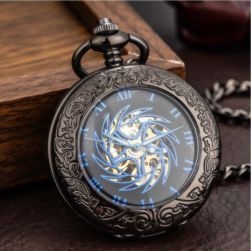 Mechanical Pocket Watch, for Men Women Special Magnifier Half Hunter Engraved Case Roman Numerals with Chain Bc. Sun-God-Bird, Black Blue