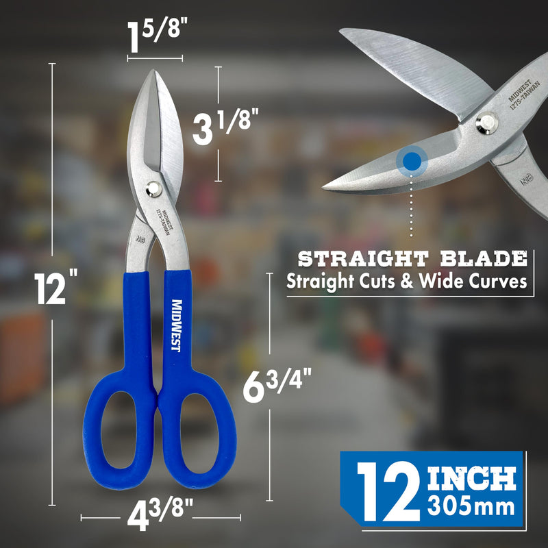 MIDWEST Tinner Snip - 12-Inch Straight/Wide Curved Metal Cutter with Forged Blades & Kush'n-Kote Grips - MWT-127S