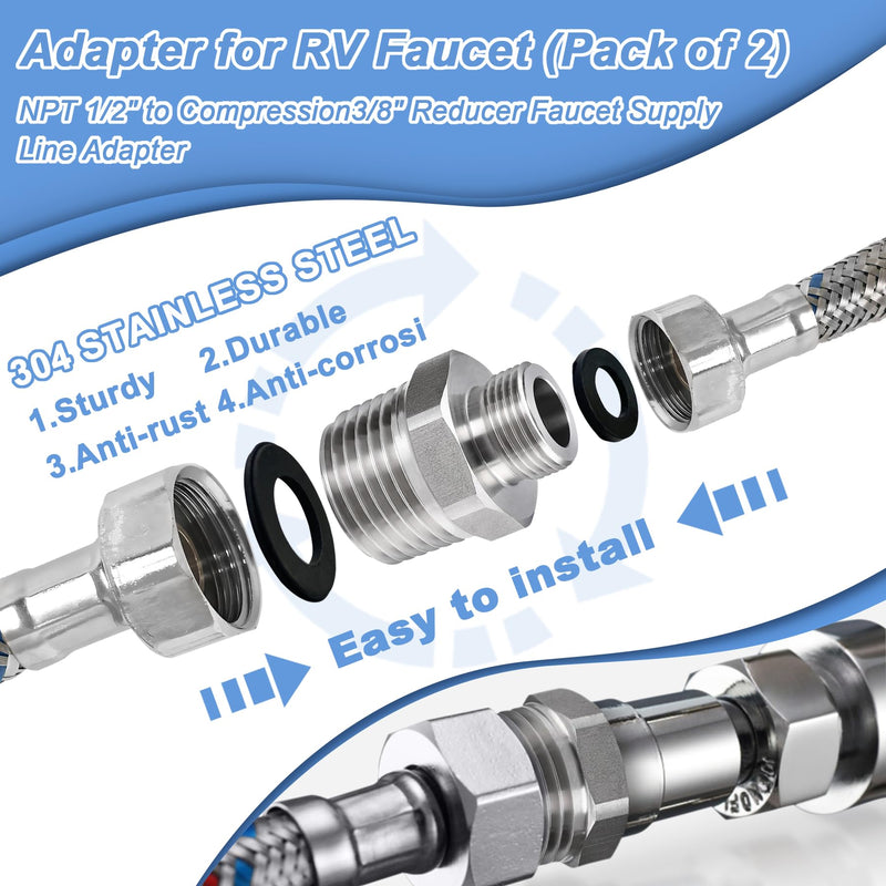 1/2 to 3/8 Reducer Faucet Adapter, 304 Stainless Steel 3/8 Male to 1/2 Male Compression Fittings for Water Supply Fitting for RV Kitchen Piping, Water Hose Pipe Connector with Rubber Washer(2 Pack) 1/2 Male to 3/8 Male