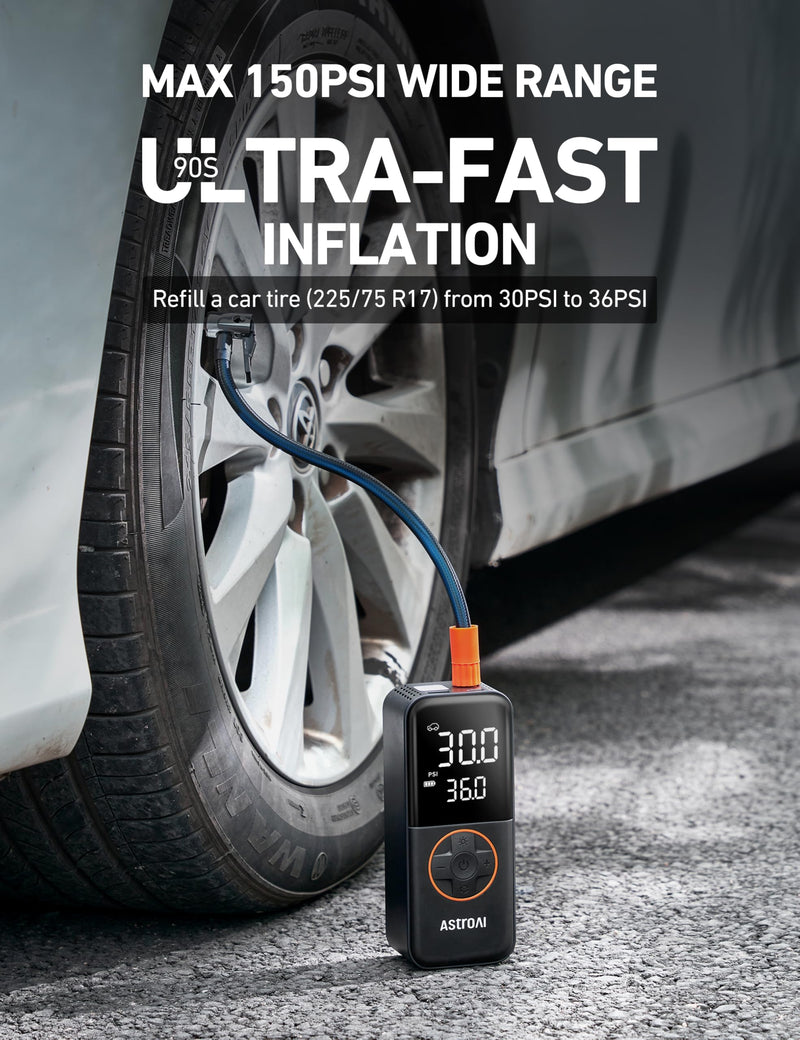 AstroAI L4 Tire Inflator Portable Air Compressor, 150PSI Portable Air Pump for Car Tires with Pressure Gauge LED Light, Electric Air Pump Quick Inflation for Cars, Motorcycles, Bikes, Tires, Balls Orange