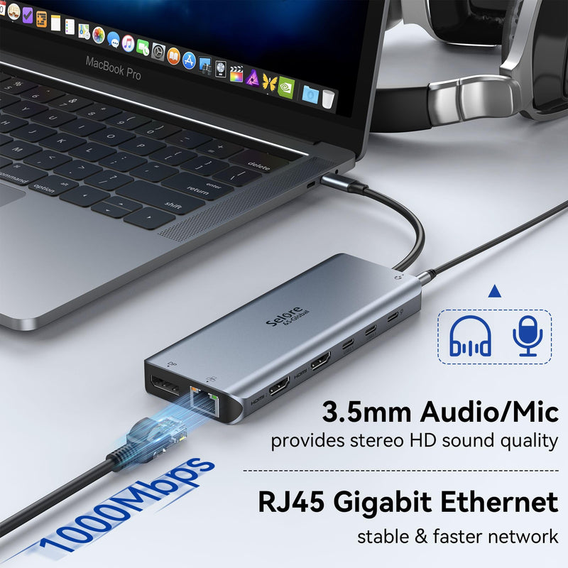 USB C Docking Station Dual Monitor, Selore 13-in-1 Triple Monitor Hub | Dual HDMI, DP, 100W PD, Gigabit Ethernet, 10Gbps USB A/C Ports -Laptop Docking Stations for Dell, HP, Lenovo, MacBook Sliver Gray Dual HDMI+DP