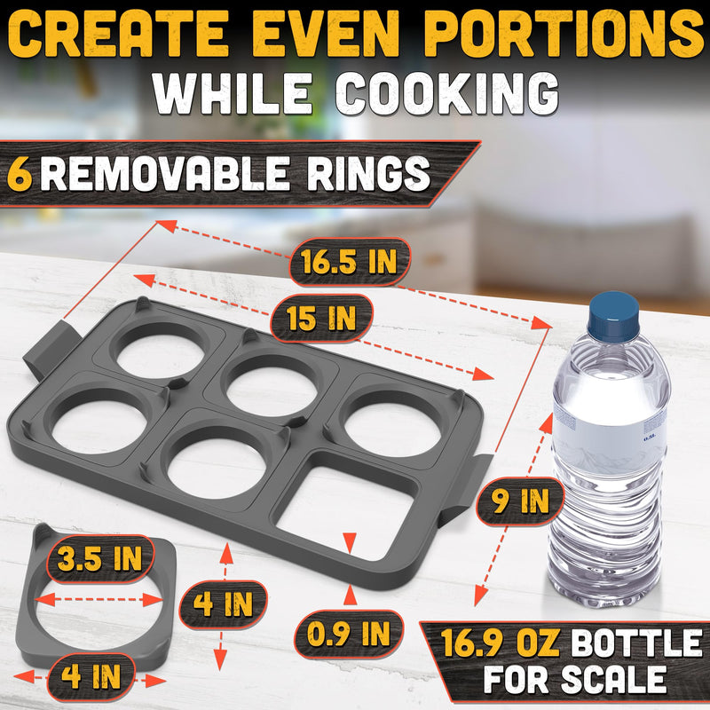 Silicone Egg Rings for Griddle & Flat Top Grill - 16.5" x 9" BBQ Grill Pancake Mold Tray with 6 Round & Square Shapes - Silicone Egg Molds for Omelets, Patties, Breakfast Sandwiches & Outdoor Cooking