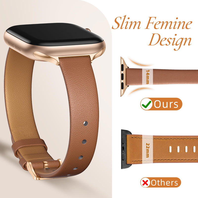 Vegan Leather Band for Apple Watch Bands for Women 40mm 41mm 42mm 38mm | Soft Slim Seamless Faux Leather Wristband, Fits iWatch Bands SE3-1 Series 11 10 9 8 7 6 5 4 3 2 1, Dressy & Fancy Brown with Rose Gold Buckle 38mm/40mm/41mm/42mm(Series 11 10)