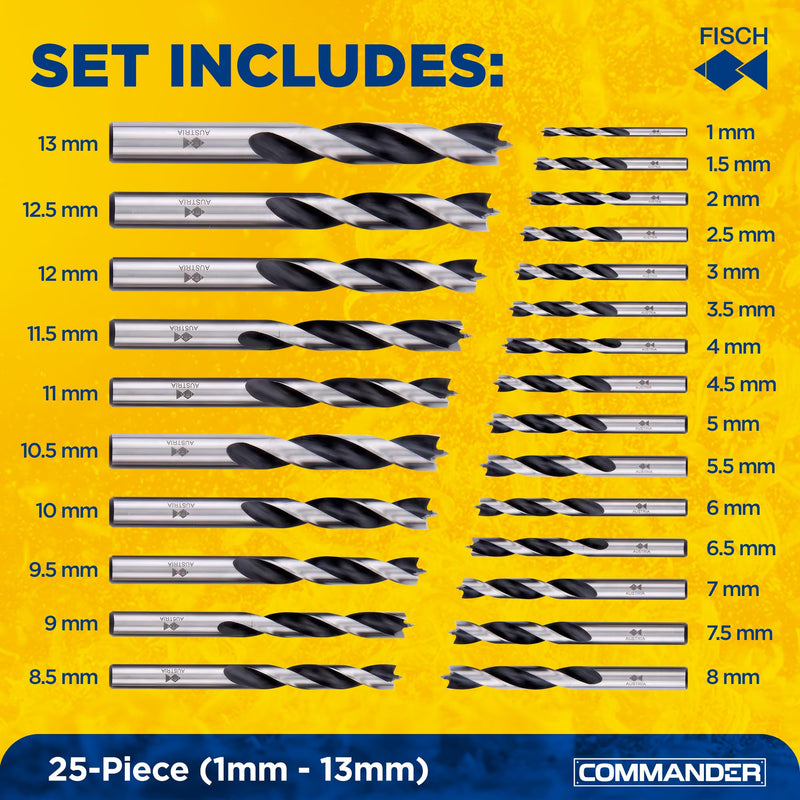 Fisch Brad Point Drill Bit Set, 25-Piece Chrome Vanadium Wood Drill Bits, Sizes from 1mm - 13mm" FSF-364740 1mm - 13mm"