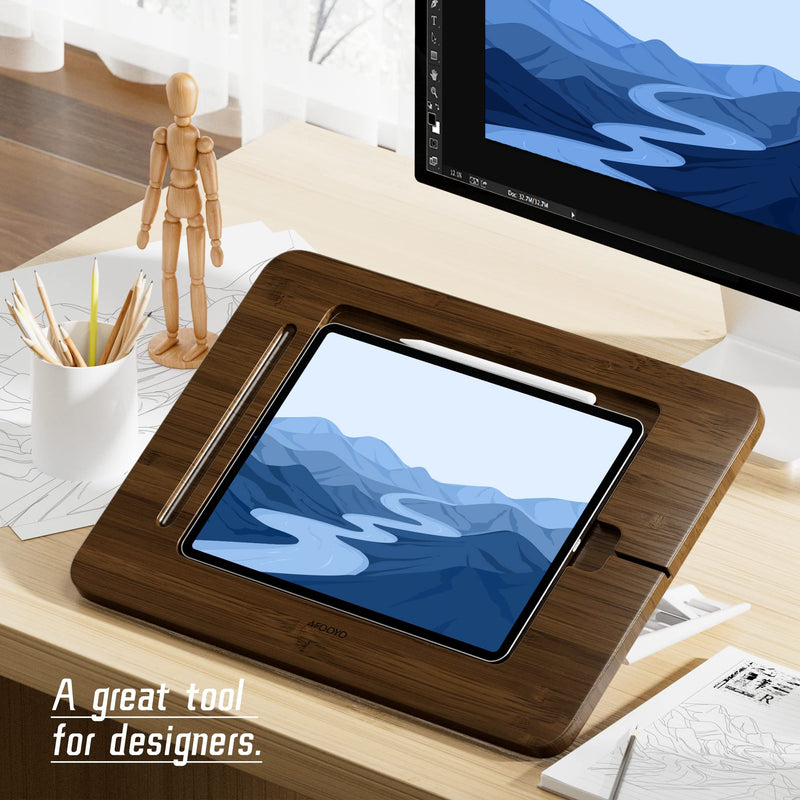 Bamboo Tablet Drawing Stand Tablet Holder - Portable & Adjustable 5 Angles,Laptop Stands Riser,Compatible with 12.9/13 inch iPad Pro-3rd-7th Gen(Walnut Varnish) Large-Fit iPad Pro 12.9/13 inches-With iPad case Walnut