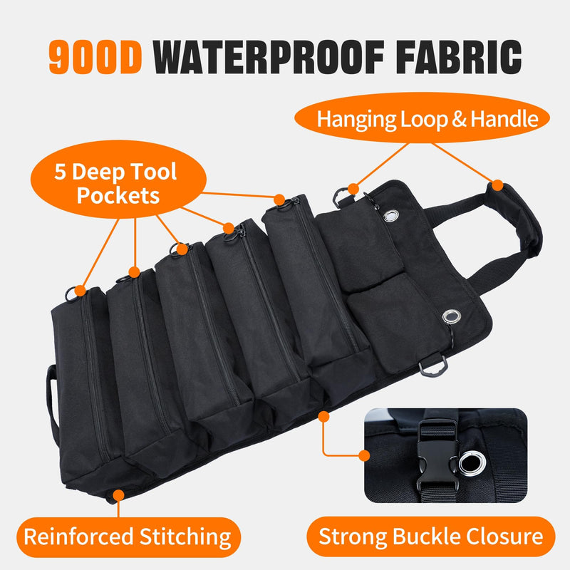 Portable Foldable Roll Up Tool Bag, Heavy Duty Tool Organizer Bag with 5 Compartments & 2 Detachable Pouches for Tools Storage, Waterproof Tool Roll Bag for Dad Men Electrician Mechanic Gifts black