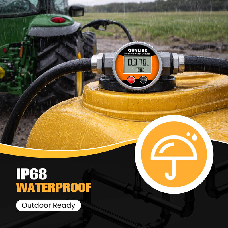 Waterproof 1 Inch Fuel Flow Meter with 3/4" NPT Adapter, 2-26 GPM Digital Inline Flowmeter for Hot/Cold Water, Diesel, Gasoline, Oil & Liquids, Supports Gallon, Liter, GPM, LPM, m³, QTS, PTS 3/4 & 1 inch