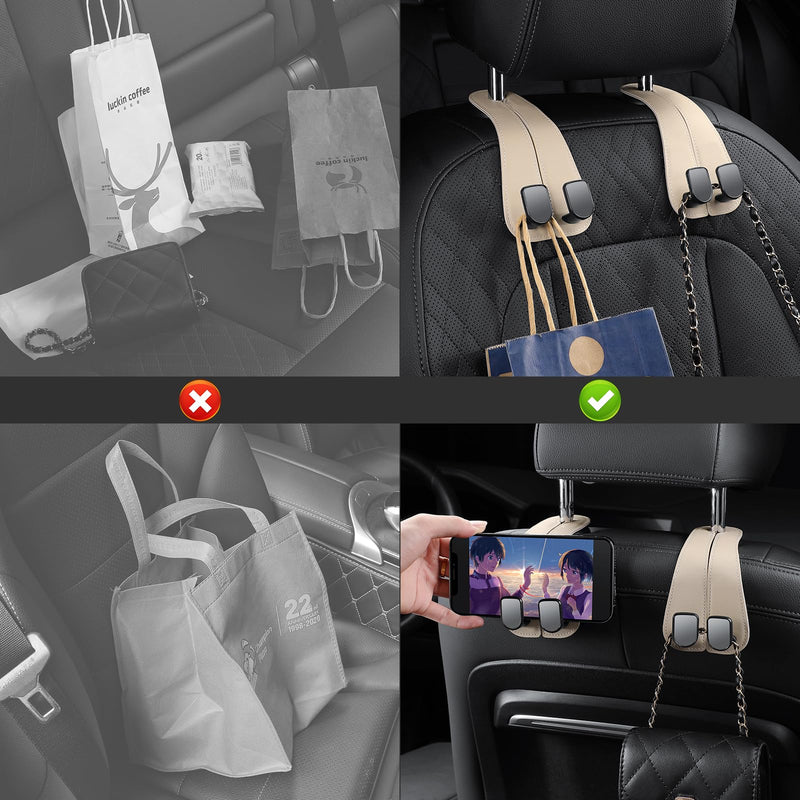 2 Pack KAFANLIN Car Headrest Hooks for Purses and Bags Cute Leather Car Seat Back Head Rest Double Hooks for Bags Cute Pink Beige Car Accessories Headrest Back Seat Handbags Hook (Beige 2 Pack) kafanlin beige 2 pack