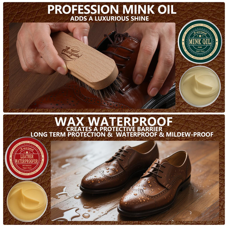 10 PCS Leather Care Kit - Horsehair Brushes,Saddle Soap,Waterproofing Wax,Mink Oil Conditioner,Polishing Cloth,Microfiber cloth,Boot Shoe Shine Cleaning Kit Gift for Men Cowboy Husband Dad ﻿