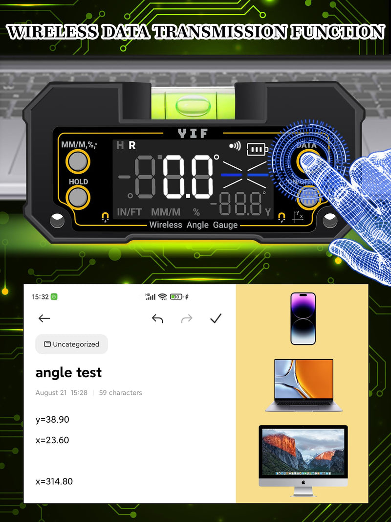 YIF Wireless Digital Angle Finder Tool with Dual Axis, Digital Level with Slope Percentage - Magnetic Angle Finder with Clear Display & Digital Protractor for Absolute & Relative Measurement
