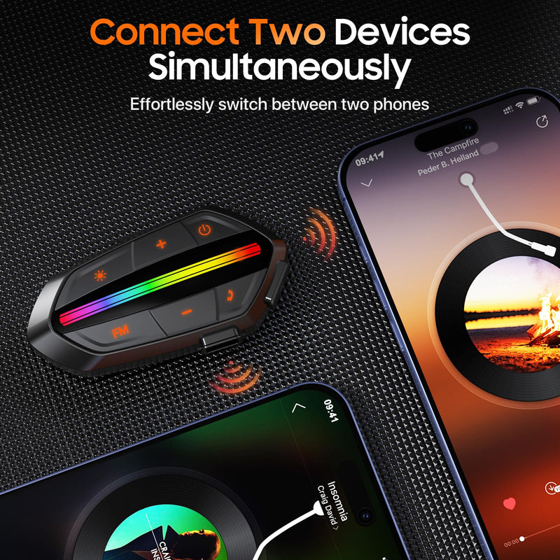 Motorcycle Bluetooth Headset V5.3, Noise Cancelling Helmet Speakers with High Volume, Dual Mic, 1000mAh Battery, IPX6 Waterproof & RGB Lights for Riding Black