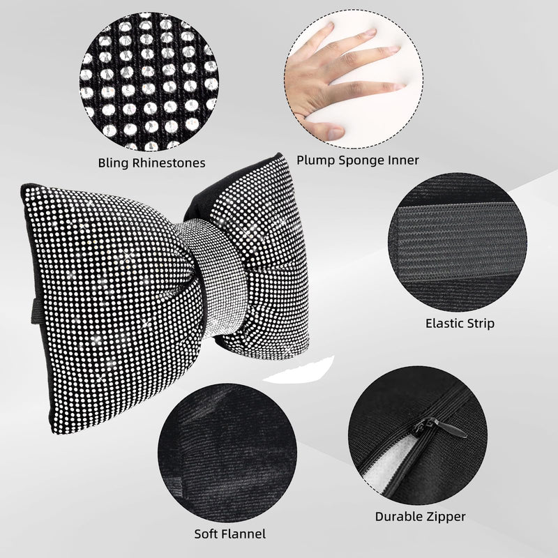 2 PCS Bling Car Pillows, Rhinestones Bowknot Bling Car Headrest Pillow, Car Neck Pillow for Driver Cool Relax Necksupport, White Crystal Diamond Car Accessories for Women 2pcs