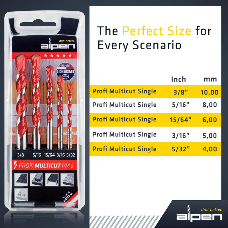 ALPEN 5-Piece Multi-Material Drill Bit Set – Tungsten Carbide Multicut, Drills Tile, Masonry, Metal, Wood & Plastic with One Bit – No Bit Changes – Austrian Engineering 5 PCS Set Cylindrical Shank