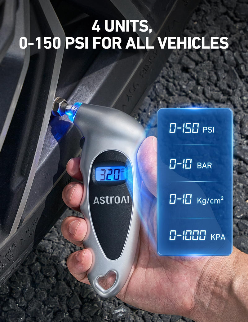  [AUSTRALIA] - AstroAI Digital Tire Pressure Gauge 0-150PSI Calibrated to ANSI B40.7 +/-1PSI, 4 Units for Car Truck Bicycle with Backlight LCD and Presta Valve Adaptor, Sliver, 4Pack Silver