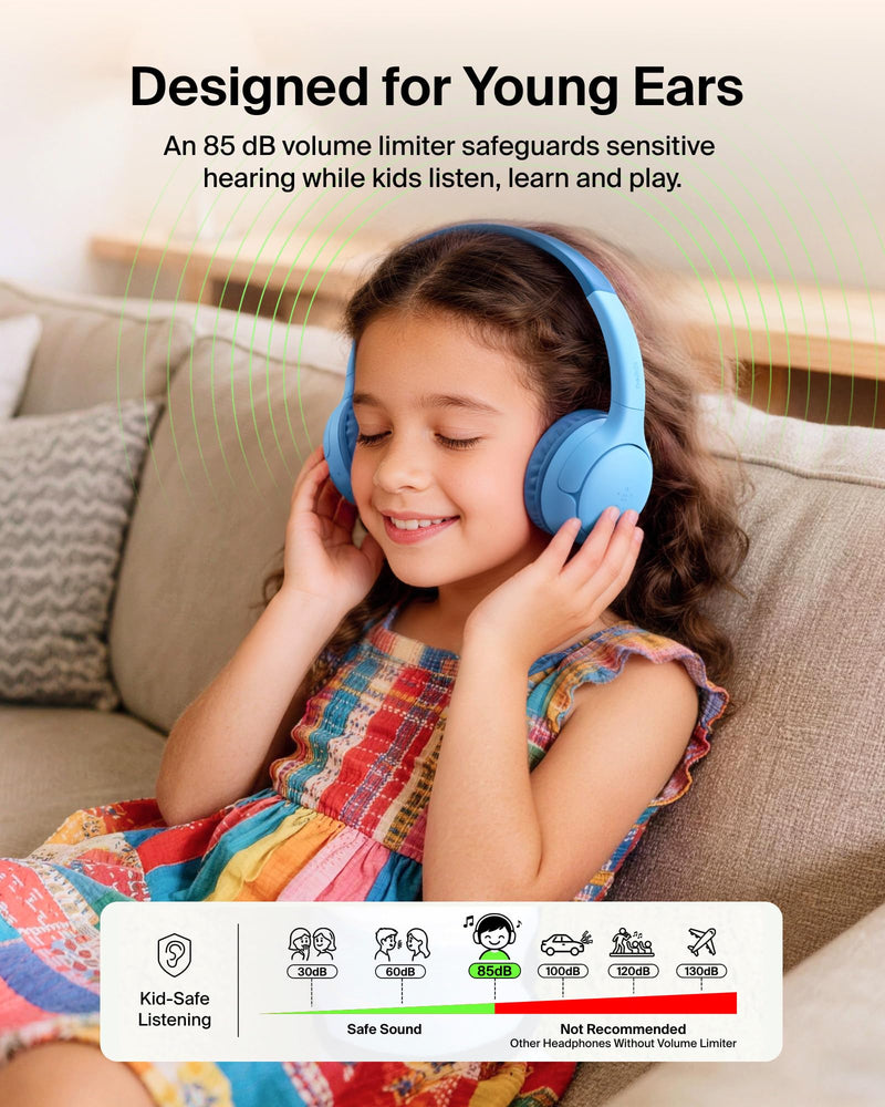 Belkin SoundForm Mini 2 Bluetooth Kids Headphones, On Ear, 55H Battery Life | Toddler headphones with Case, 85dB Volume Limit, Built-in Mic, Wired Connection Option, iPad, Android Tablet, School, Travel Blue
