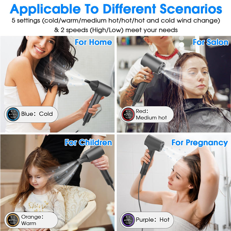 KARFUN Professional Hair Dryer, 200 Million Plasma Hair Dryer, HD Display | 110.000 RPM Motor for Fast Drying, Low Noise Thermo-Control, with Magnetic Nozzle, Ionic Frizz-Free Conditioning (Dark Grey) Dark Grey
