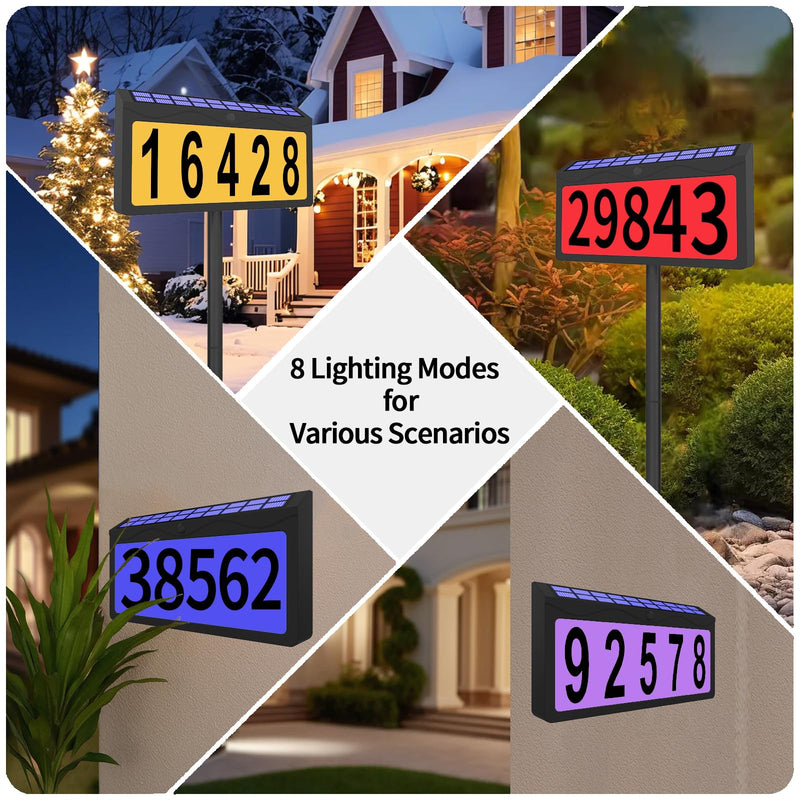 Solar Lighted House Number Waterproof, 8 Lighting Modes RGBW Color Changing, Illuminated Address Sign, Address Plaque for Yard Mailbox Home Office Street Outside