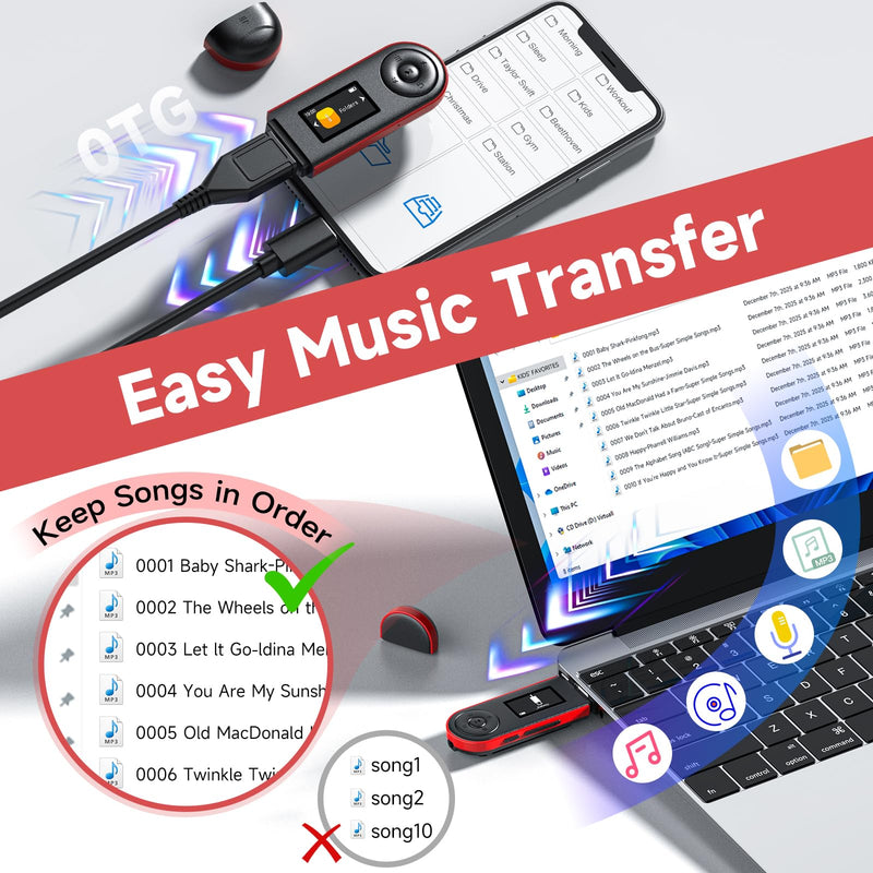64GB USB MP3 Player with Bluetooth 5.3 & Clip for Sports Running | Only 1 oz, Physical Buttons, Folder & Resume Playback, FM Radio, Voice Recorder, Supports Phone File Transfer (OTG)