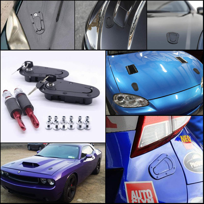Flush Hood Latch and Pin Kit - Black，Universal Racing Car Hood Pin Engine Bonnet Latch Lock Kit