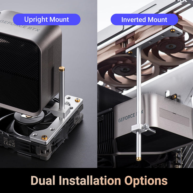 Stackable Aluminum GPU Anti-Sag Bracket for 120mm Fans | Silver bracket, -15/0/15 adjustment & stackable design. Forward/reverse install, fits with or without 120mm fan