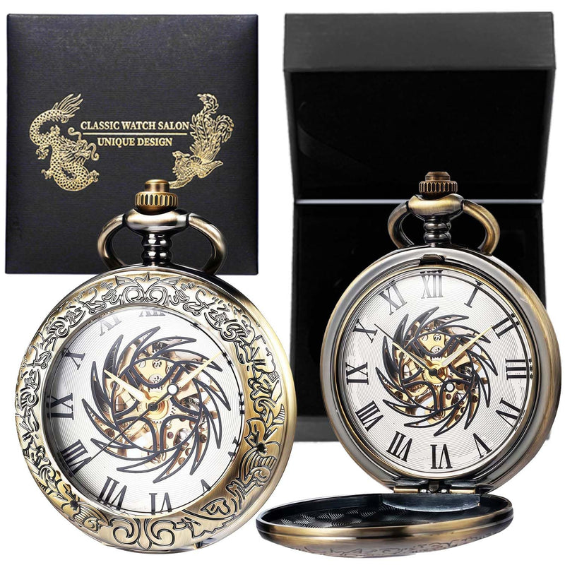 Mechanical Pocket Watch, for Men Women Special Magnifier Half Hunter Engraved Case Roman Numerals with Chain Ba. Sun-God-Bird, Bronze Black