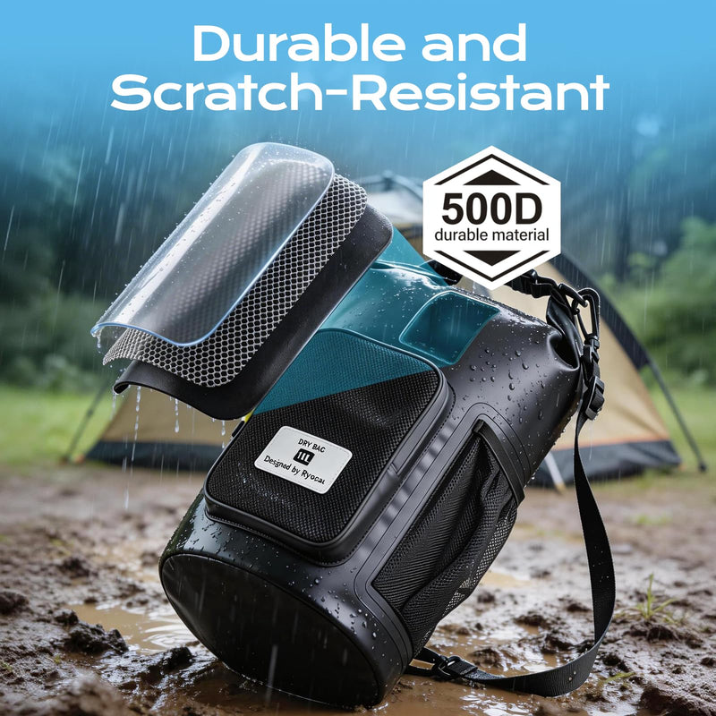 20L Waterproof Dry Bag with Bottle Holder & Mesh Pocket, 500D PVC Tarpaulin Roll Top Dry Sack with Inner Waterproof Adsorption Film, Large Dry Storage Bag for Kayaking, Camping, Beach, Boating Black - [Wirh Phone Pouch] 20L