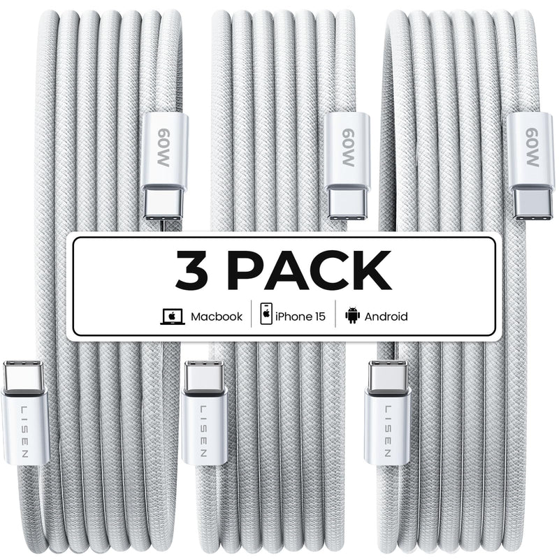 LISEN USB C to USB C Cable Fast Charging,60W 3 Pack 6ft USB C Cable Type C Fast Charging Charger Cable for iPhone 15 Pro Max Plus Samsung S24 S23 iPad Pro 13 12.9 11 inch, iPad Air 5 4, Mini 6 6.6FT+6.6FT+6.6FT White