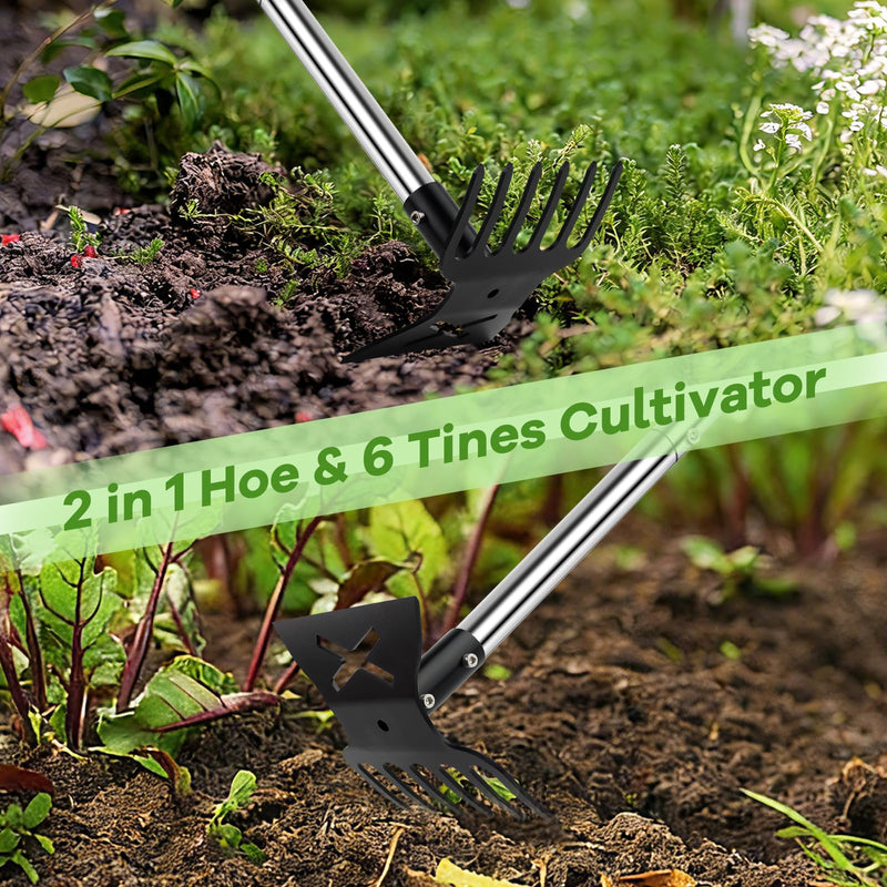 2 in 1 Garden Hoe and Cultivator Weeding Rake 6 Tines, Manual Weed Puller Tool with Long Handle, 56" Heavy Duty Hand Weeder Remover Tools for Patio, Lawn, Garden, Flower Beds, Loosen Soil and Planting