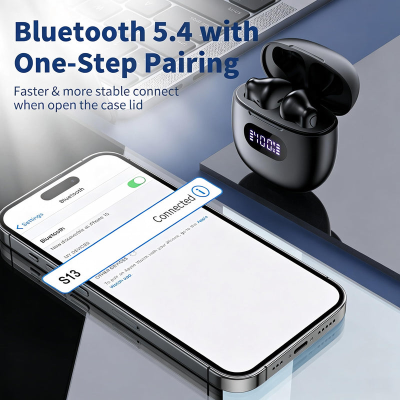 Wireless Earbuds Bluetooth 5.4 Headphones IPX7 Waterproof Earbuds | 48H Long Battery Life Ear buds, LED Display, HiFi Bass, Built-in Mic for Sports Office Home Earphones Black
