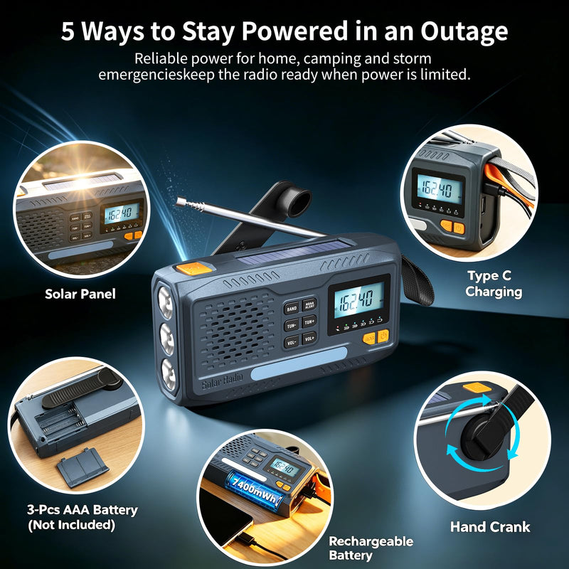 Emergency Weather Radio with NOAA Alert, Hand Crank Solar Radio | 2000mAh Emergency Phone Charger, AM/FM Battery Powered Radio, AA Backup, 3-Mode Flashlight, Reading Lamp, 100dB SOS Alarm Gray