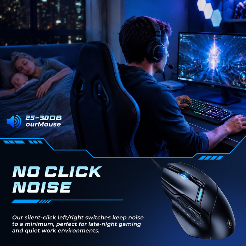 Uineer Wired Gaming Mouse, 7200 DPI, 6 Programmable Buttons, RGB Lighting | 6 programmable buttons, adjustable 7200 DPI, RGB lighting and quiet clicks for work or gaming.