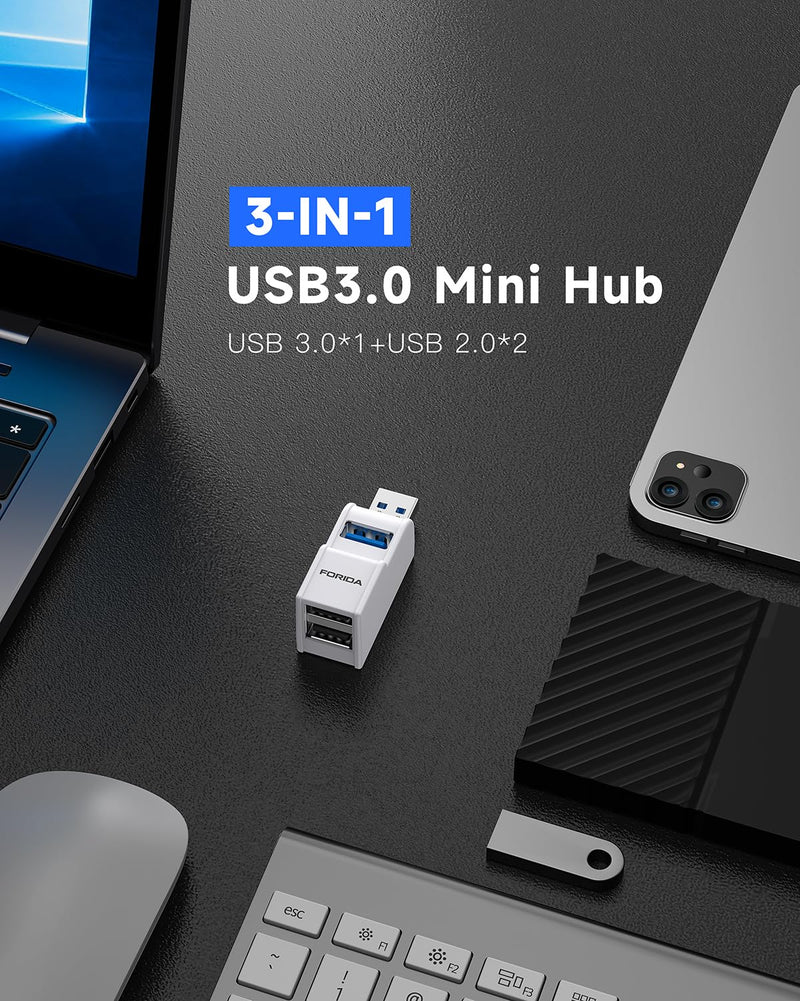 Mini USB Hub 3-Port USB Splitter 1 in 3 Out, USB Expander Adapter with USBA 3.0 Data Transfer Port, 2 USB 2.0 Ports Hub, USB Dongle for PC, Laptops, Keyborad, Mobile Hard Disk and More(White) White