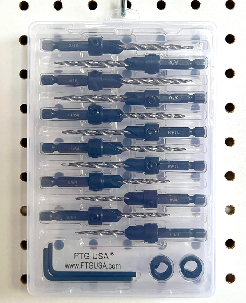 FTG USA Countersink Drill Bit Set 4 Pc #6(9/64"), 4 Pc #8(11/64"), 4Pc #10(3/16") with Tapered Drill Bits for Woodwork with Storage Container #6#8#10 4 Pc with Depth Stop