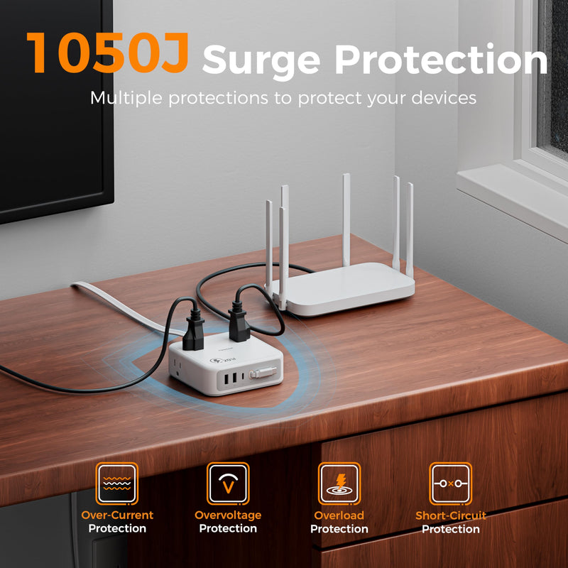 TESSAN Surge Protector Extension Cord 5Ft, Flat Plug Power Strip | 4 Outlets 4 USB Ports(1 USB C) 20W USB C Cable, USB Charger 1050 Joules Protection, Suitable for Home Office Dorm, Grey Gray 5FT-1050J Surge Protector
