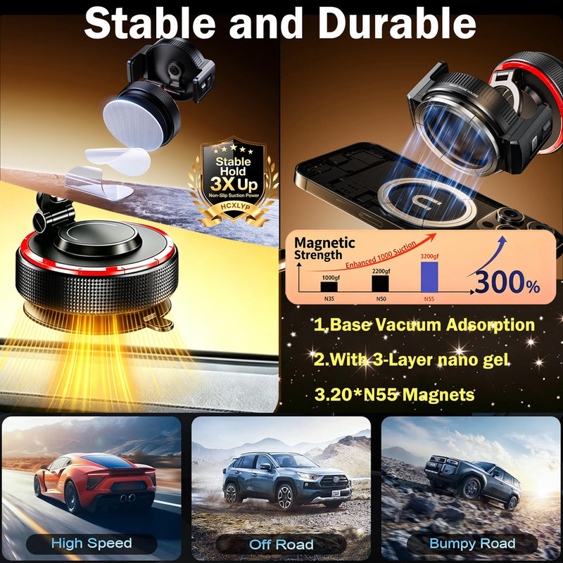 for Magsafe Car Mount, Magnetic Clip 2-in-1, Vacuum Gel Suction Cup | Steady Durable 360° Rotating Adjustable Heat & Cold Resistant Foldable for iPhone Android Kitchen Office Desktop Travel Black