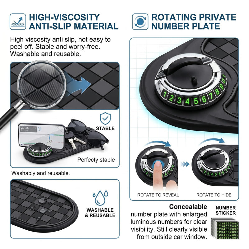 Anti Slip Mat for Car Dashboard-for Phones,Sunglasses,Keys,Daily Essentials | Car Dash Accessories-With 360° Rotating Phone Holder,Multi-Functional Organizer Pad,Adjustable And Secure Grip (Black)