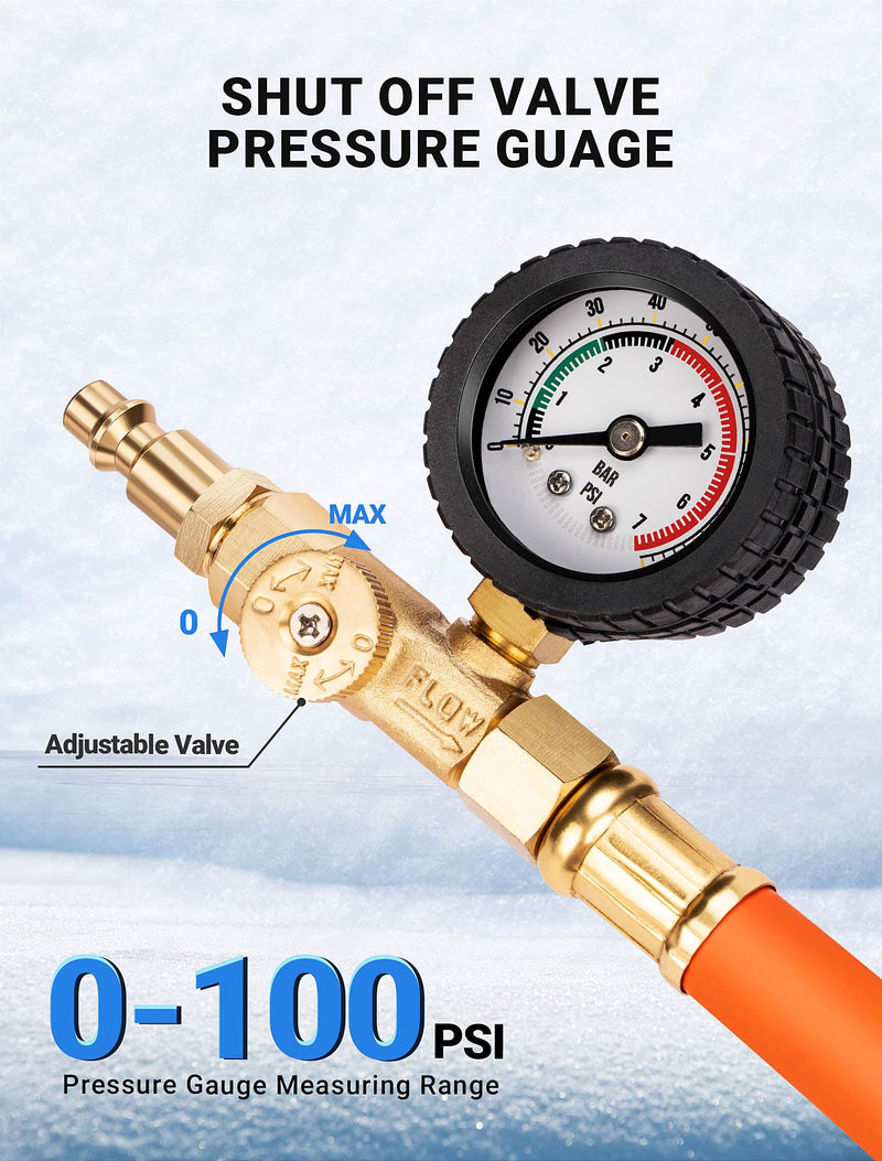 Brass RV Winterizing Kit with Pressure Guage, 17 Inch Garden Hose with 3/4" GHT Blow Out Fitting Adaptor & 1/4" NPT Quick Connect Plug, Sprinkler Blowout Adapter for Camper, Travel Trailer