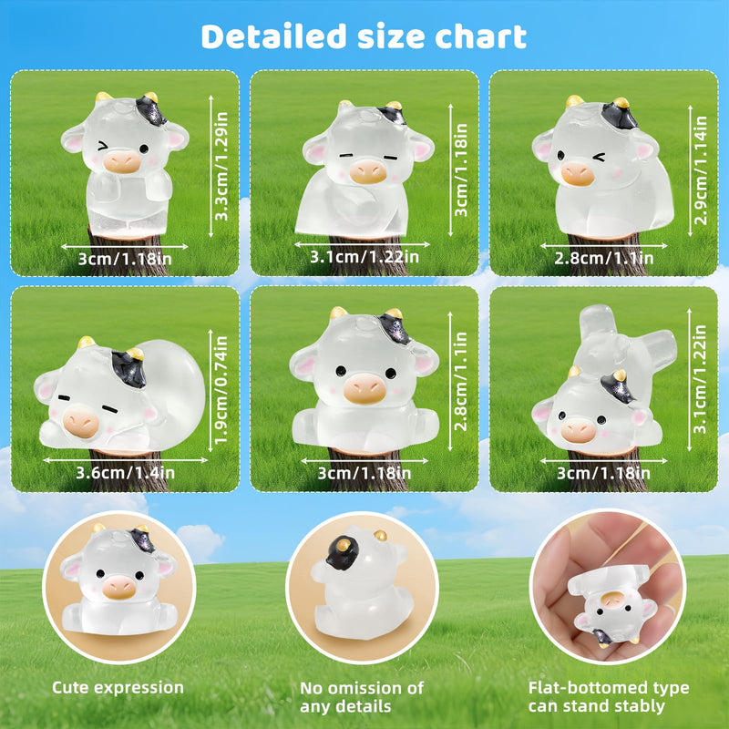 6 Pack Glow in The Dark Cow Car Decor, Cute Luminous Resin Dashboard Decorations for Cars, 3.3cm Funny Animal Touchscreen Accessories (Transparent)