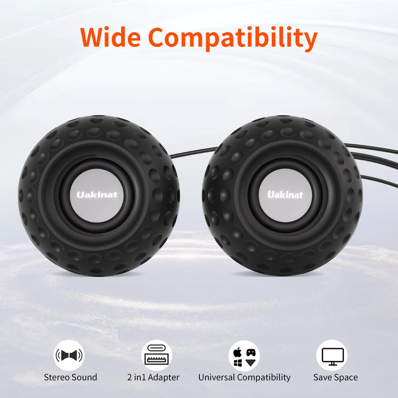 Uakinat 2.0 Computer Speaker, Black, USB Powered, 3.5mm Audio Input, Volume Control, Golf Style, Pair Pack, PC or Laptop