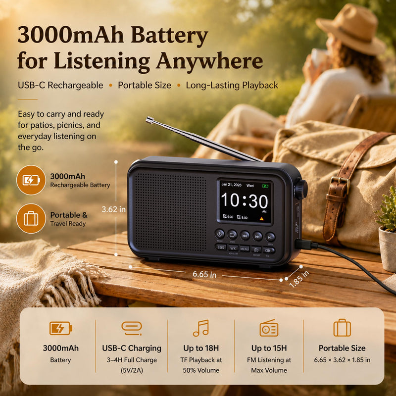 PPLEE Portable FM Radio with Bluetooth, NOAA Weather Alert, Dual Alarms | 2.4" Color Display, USB-C Rechargeable Battery, microSD Music, EQ Sound, FM/WB Radio for Bedroom Office Travel Black