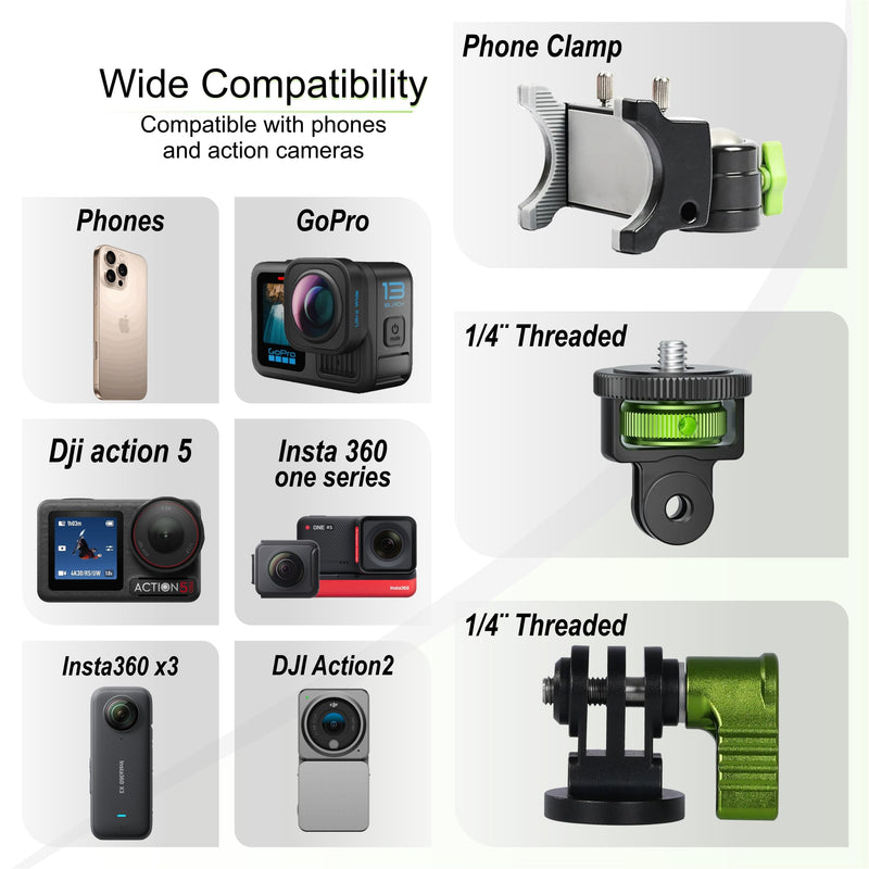 Multi-Purpose Cell Phone and Action Camera Holder for Insta360, Gopro, iPhone with Strong Suction Cup and Aluminum Alloy Double Ball arm.