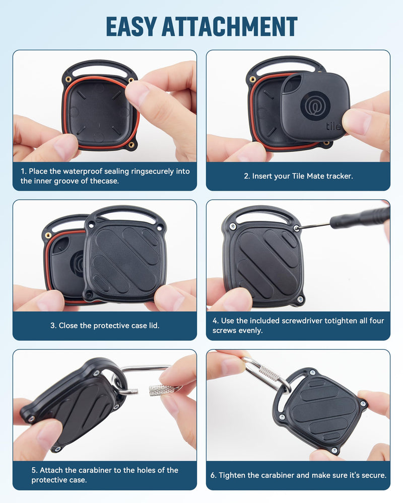 DDJ 4 Pack for Life360 Tile Mate 2024 Tracker Case, IPX8 Waterproof Protective Holder, Heavy Duty Anti-Loss Screw Lock Cover with Metal Carabiner for Keys, Luggage, Backpack & Pet Collar, Black Black x4