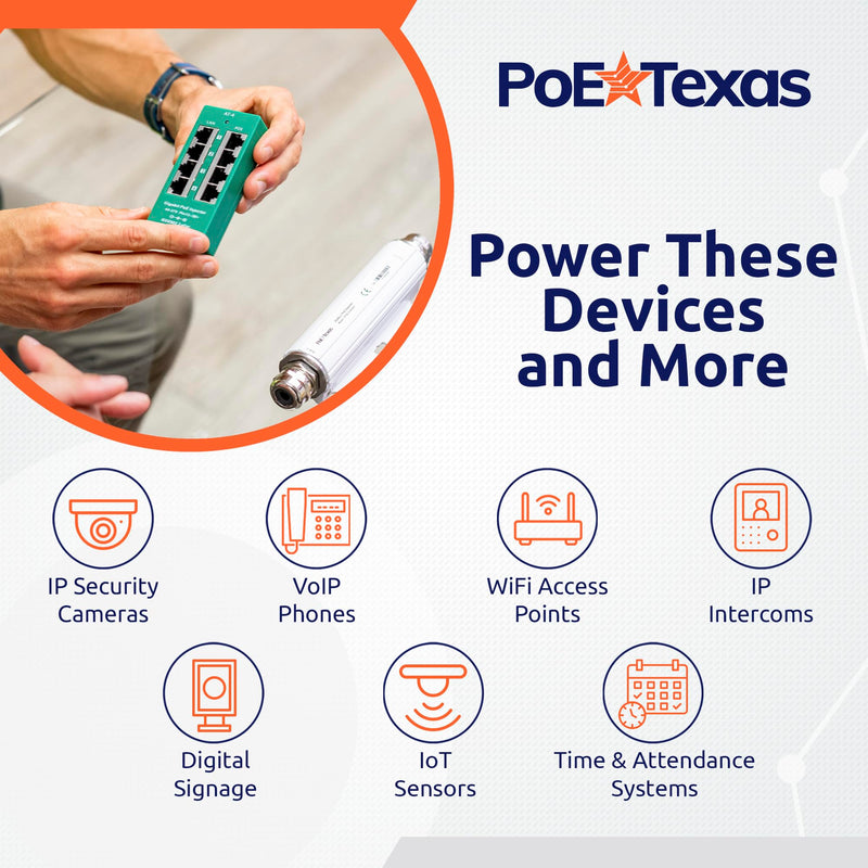 PoE Texas 4 Port PoE Active Mode A Injector with 48V 60W Power Supply - Add PoE+ to Any Switch or Router - 802.3at/af Compliant PoE Midspan for WiFi Access Points, IP Cameras, VoIP Phones