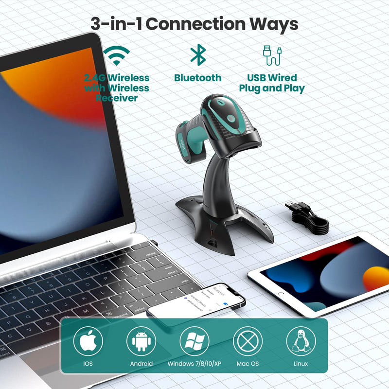 Wireless Barcode Scanner with Stand, Industrial 1D 2D QR Bluetooth Barcode Scanner with Drop Resistant Dustproof Waterproof,USB Bar Code Reader Scanner for Android, iOS, Windows Black