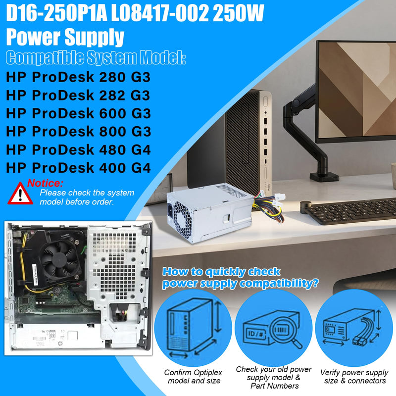 Upgraded D16-250P1A L08417-002 250W Power Supply D16-250P2A PSU Compatible with HP ProDesk 280 282 600 800 G3 480 400 G4 PCH022 L08417-004 901760-002 901761-001 901760-001 PA-2251-5 Power Supply