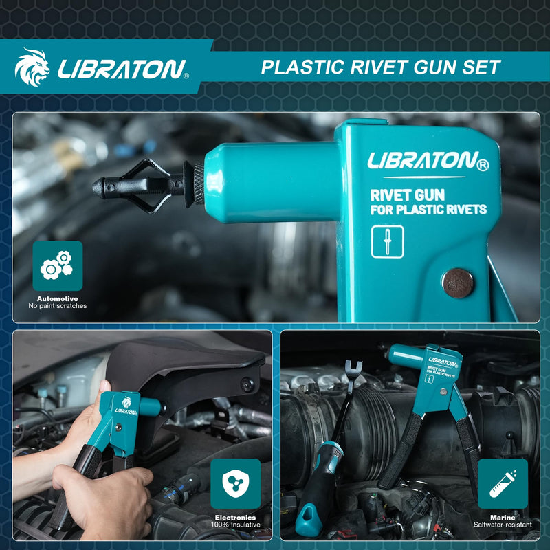 LIBRATON Plastic Rivet Gun Kit, 90 Degree Angle Hand Riveter with 40 Nylon Rivets (4 Sizes), Universal Nosepiece for Automotive/Electronics, Ergonomic & 50% Lighter Force